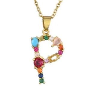 P Initial Pendant Necklace Multicolor Rhinestones Gold Tone Chain